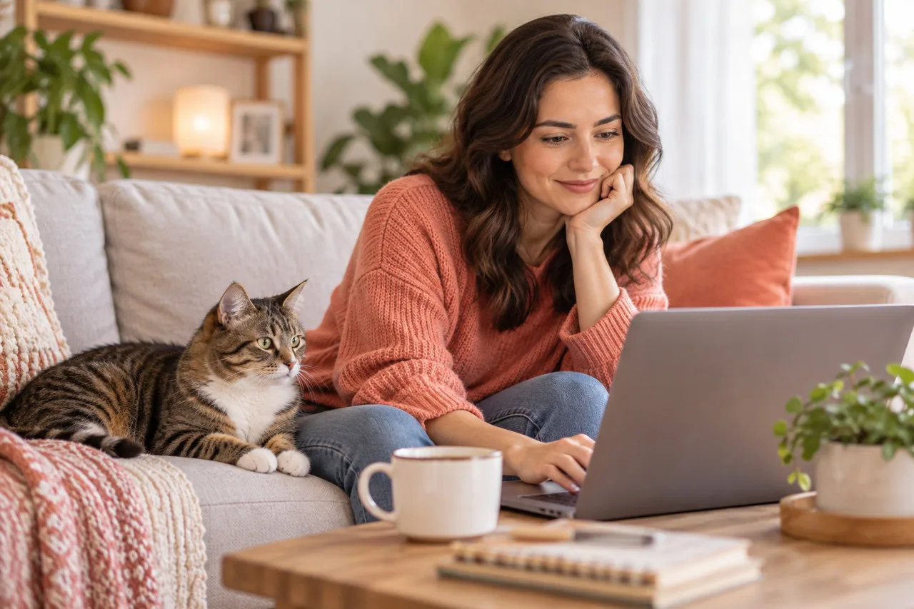 Owner looking at a laptop beside a tabby cat at home